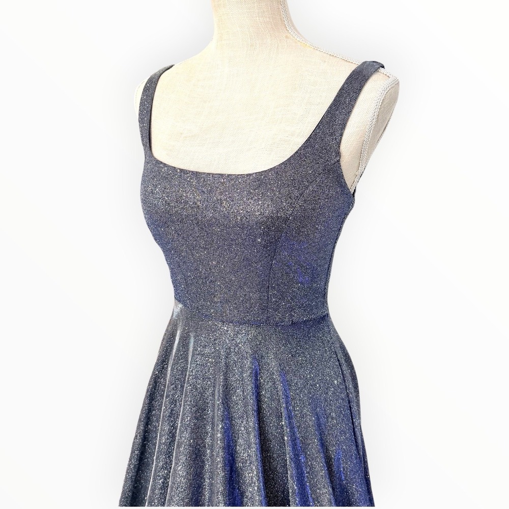 Women's Glitter Lace-Up Back Gray Blue Long Gown Square Neck Train MPN 2081